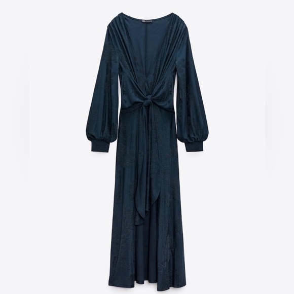 Zara Long Jacquard Dress Blue New - Picture 7 of 10